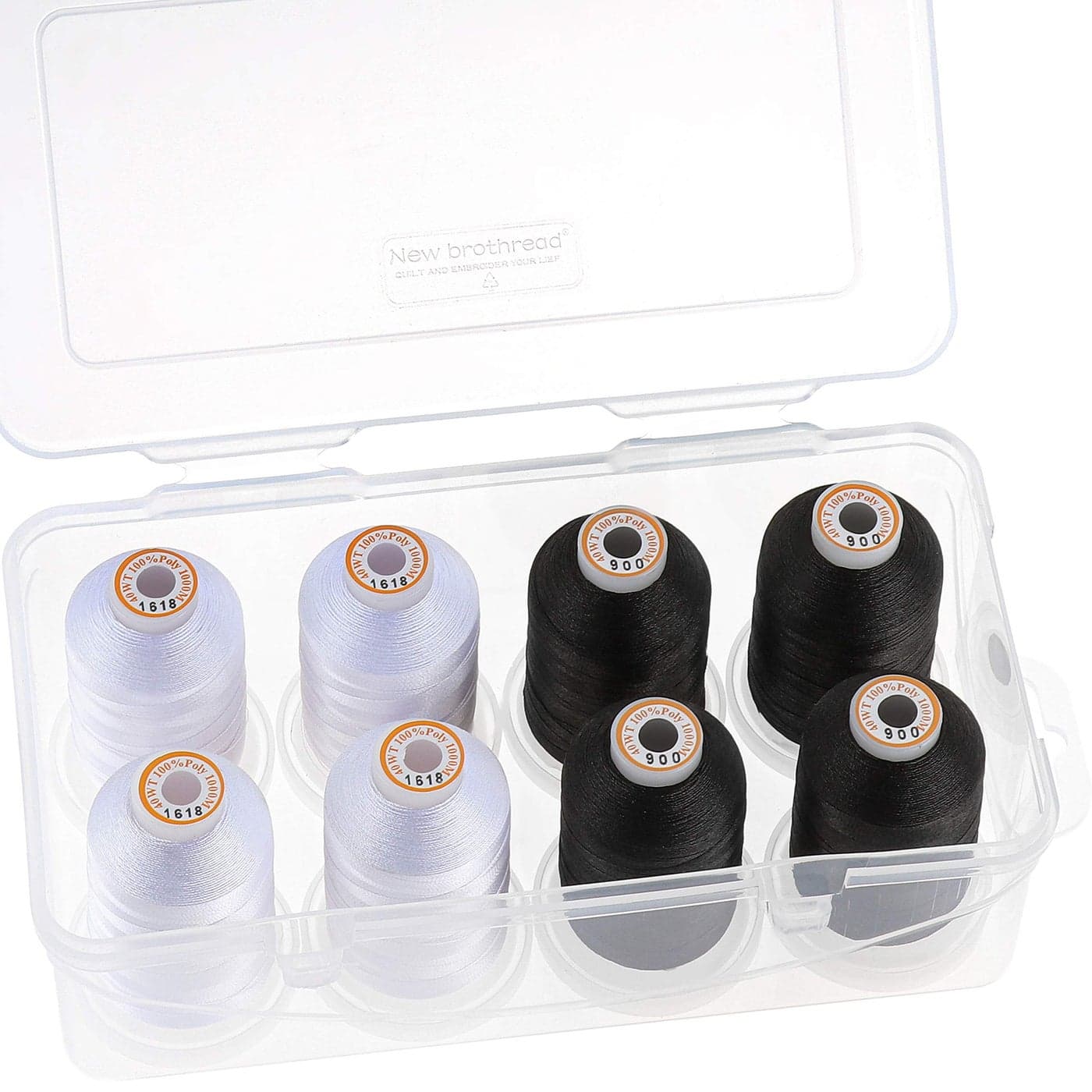 New brothread Polyester Embroidery Machine Thread 1000m Each with Clear Plastic Storage Box for Embroidery Quilting 4xSnow White4xBlack