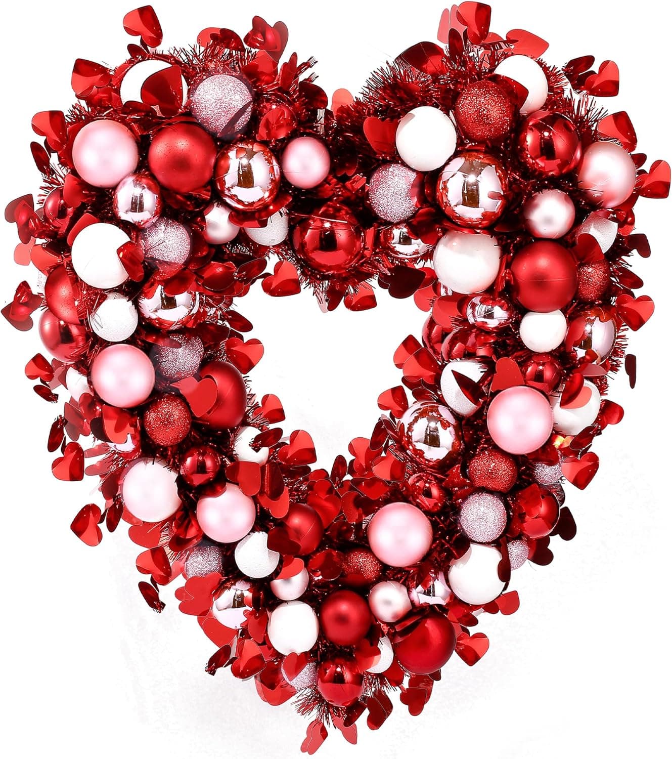 Sggvecsy 177 Heart Shaped Wreath Red Pink White Heart Wreath with Tinsel Red Balls Decorations for Front Door Wedding Party Anniversary Wall Decor Gift Girlfriend Mothers Day
