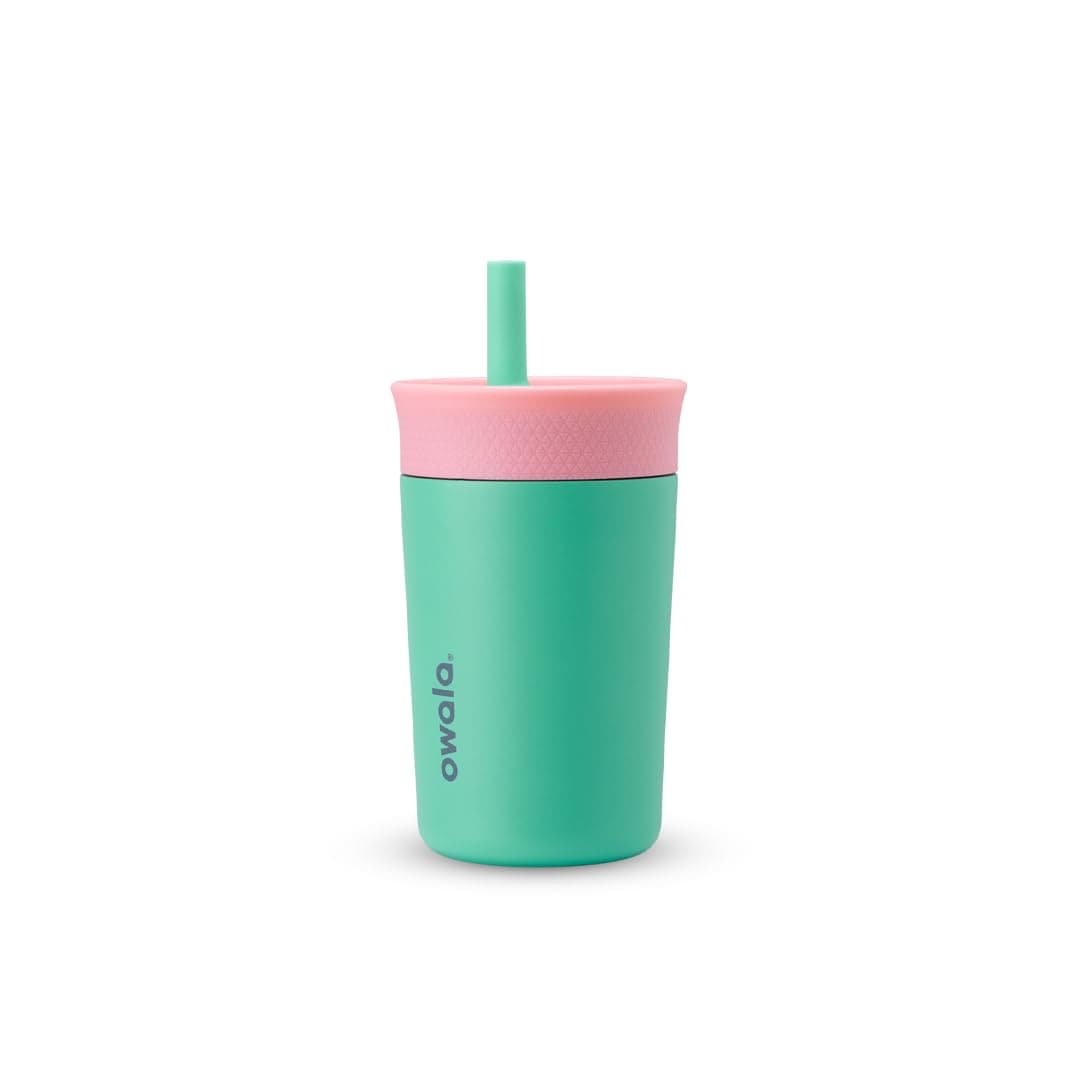 Owala Kids Insulation Stainless Steel Tumbler with Spill Resistant Flexible Straw Easy to Clean Kids Water Bottle Great for Travel Dishwasher Safe 12 Oz Pink and Teal Real Cool Fish
