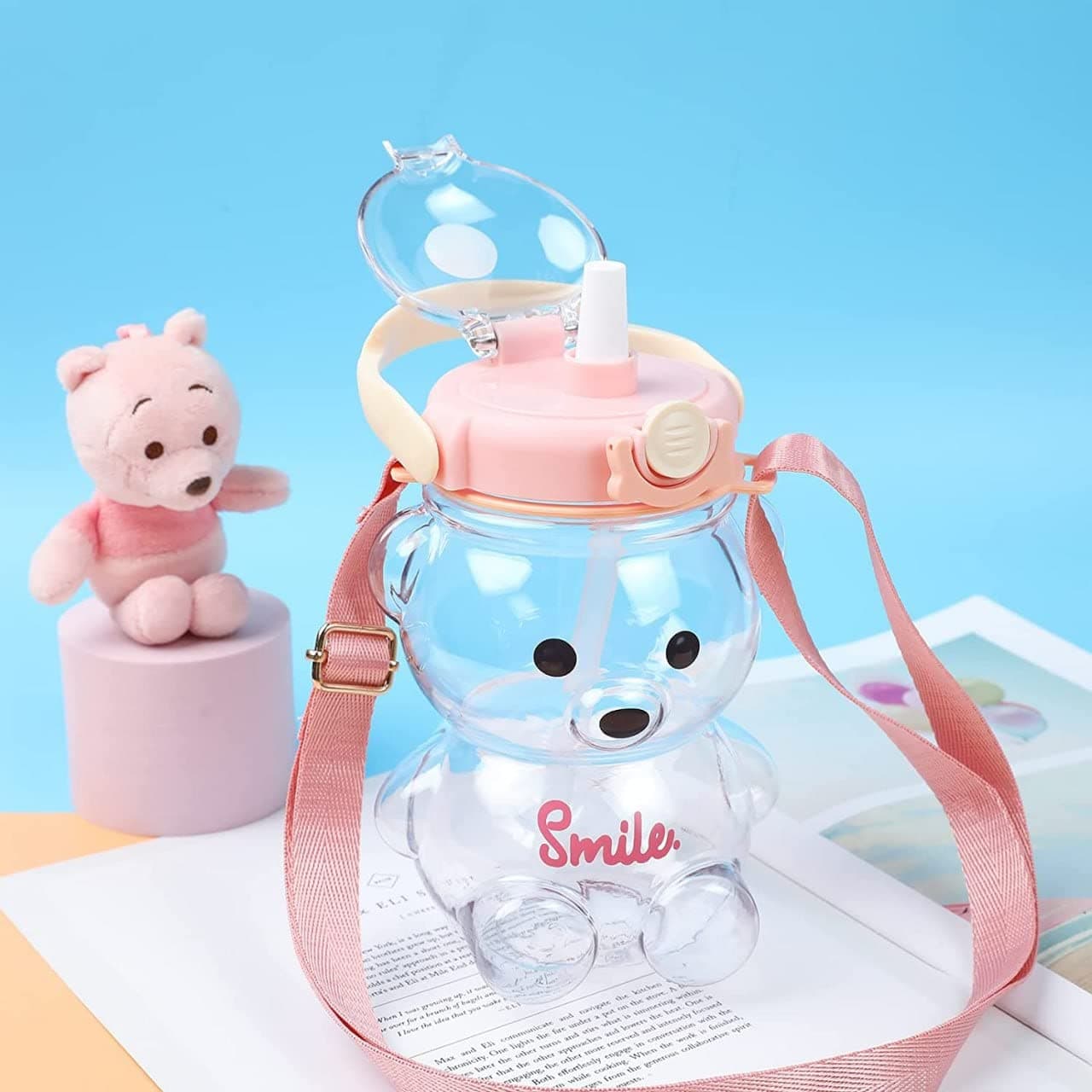 Grofilo Cute Cartoon Teddy Bear Water Bottle For Kids AntiFall Soft Silicone Straw for Office Gym School Travel 1000 ML Pink Color