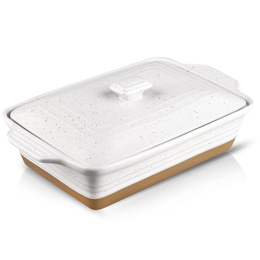 HVH Ceramic Casserole Dish with Lid Oven Safe 9x13 Rectangular Baking Dish 35 Quart Farmhouse Style White