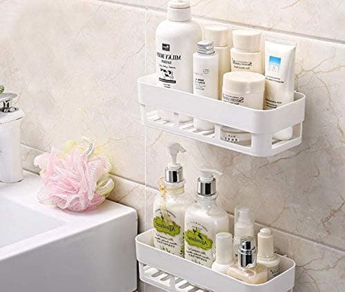 KEXES Multipurpose Cosmetic Organizer Shampoo Bottle Holder Plastic Wall Holder Box Shelf with SelfAdhesive Sticker Hooks for Kitchen Bathroom WHITE