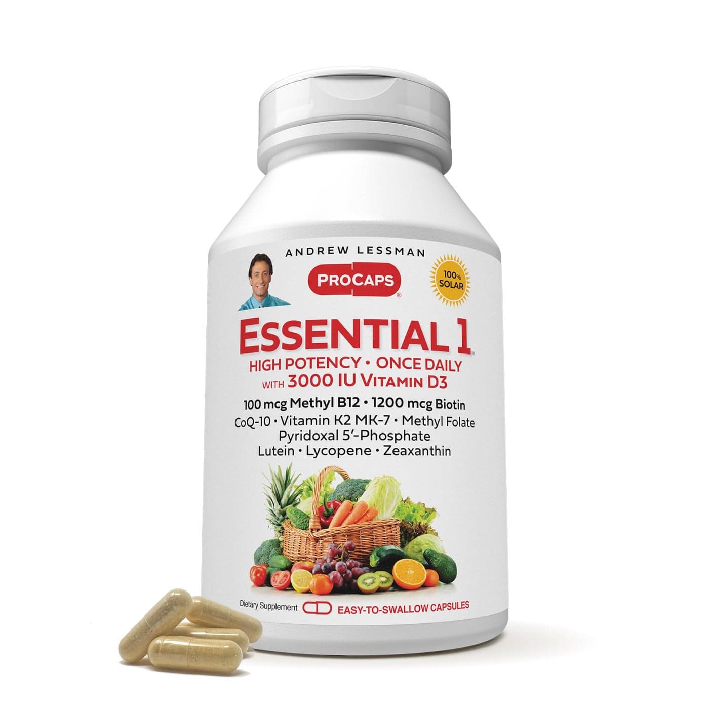 ANDREW LESSMAN Essential1 Multivitamin 3000 IU Vitamin D3 30 Small Capsules 100 mcg Methyl B12 CoQ10 Lutein Lycopene Zeaxanthin High Potency No Additives UltraMild One Daily Capsule