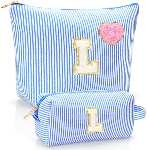 YILANCOL Initial Makeup Bag Personalized Preppy Cosmetic Bag Trendy Toiletry Travel Bag For Teen Girls Kids Women Letter Makeup Pouch Purse Holiday Gifts Birthday Gifts 2pack L Blue