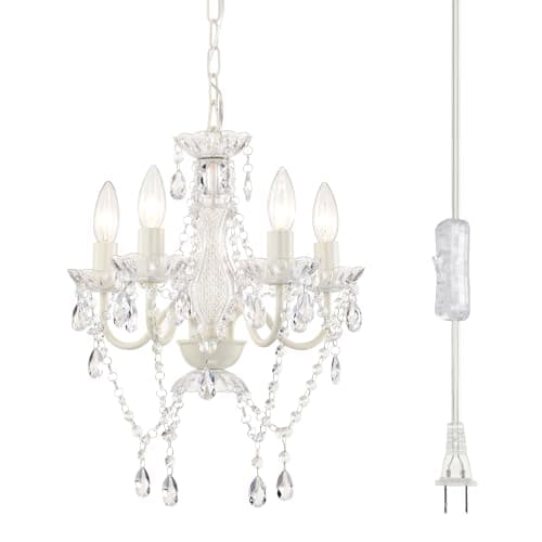 Alighting Plug in Chandeliers, 4-Light White Small Acrylic Crystal Hanging Ceiling Lamp with 20ft Cord, No Hardwire, White Chandeliers for Dining Room, Modern Bedroom, Nursery, Kitchen or Bathroom