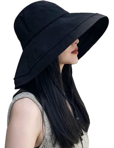 Wide Brim Sun Hat for Women UV Protection Bucket Hat with Adjustable Strap Packable Travel Friendly Summer Hat Black