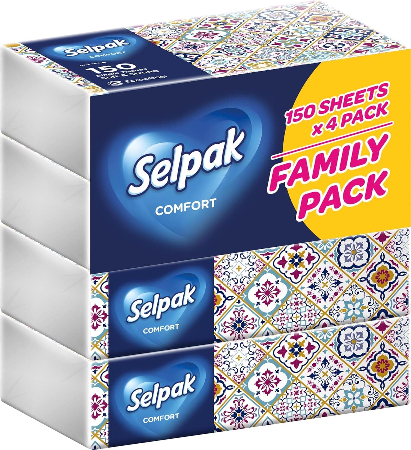 Selpak Comfort Facial Tissue 150 sheets 2 ply, Pack of 4