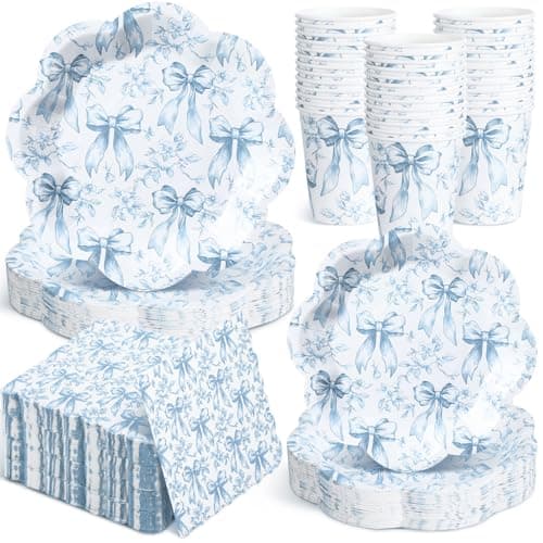 Newtay 250 Pcs Blue Bow Floral Disposable Plates and Napkins Bow Coquette Disposable Tableware Set for 50 Guests Blue Flower Paper Plates Napkins Cups for Wedding Bridal Shower Party Supplies