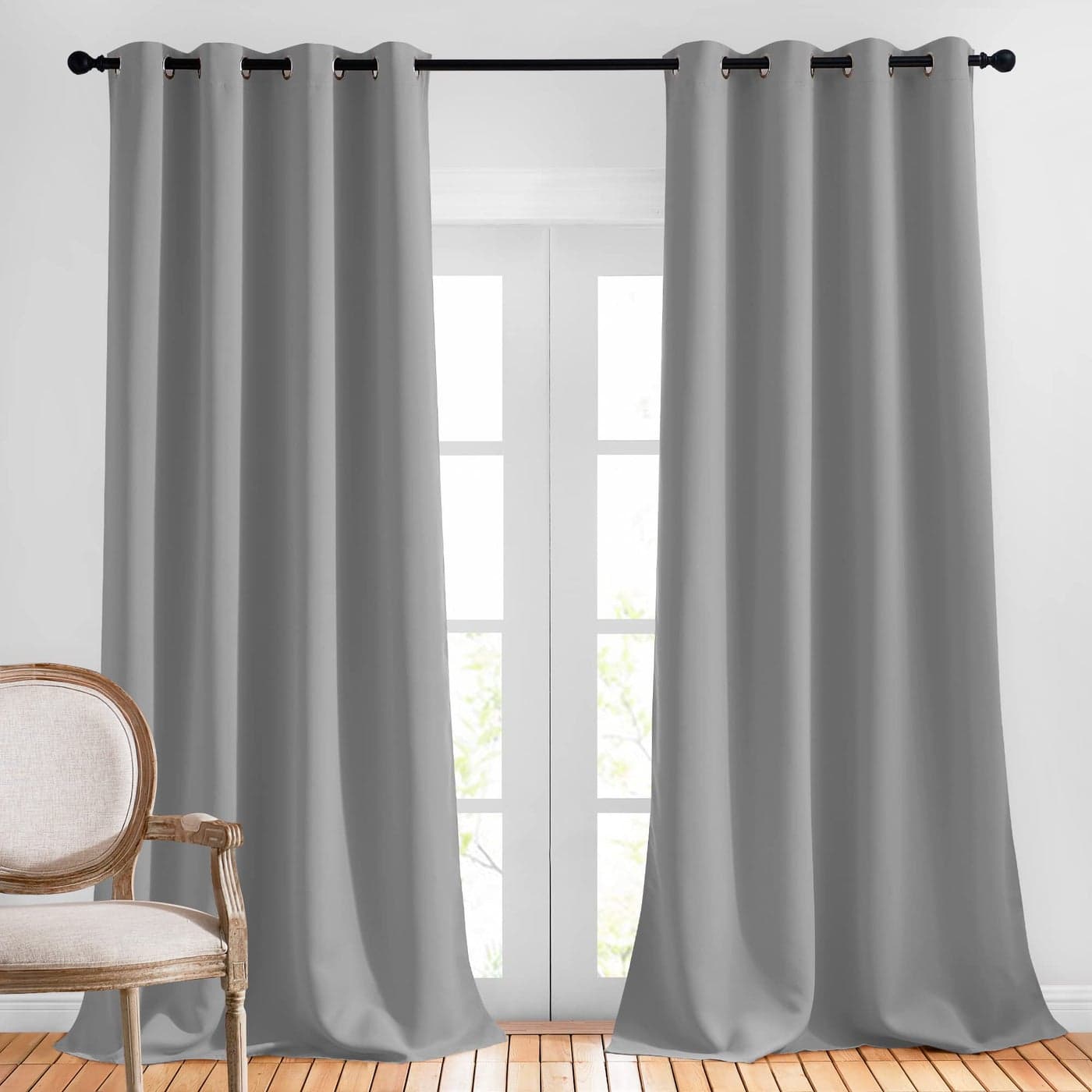 NICETOWN Bedroom Blackout Curtains Panels Triple Weave Energy Saving Thermal Insulated Solid Grommet Blackout Draperies for Patio 1 Pair W52 by L95 Inch Silver Grey