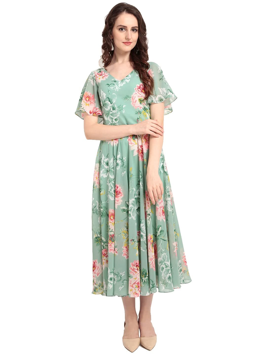 Rare London Women Georgette A-Line Calf Length Dress (Ep3153_B_Green_S)
