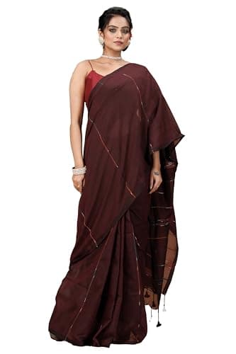 OISHANI SAREE GHOR Women's Traditional Bengal Handloom Khesh Kantha Cotton Soft Saree (Chocolate)