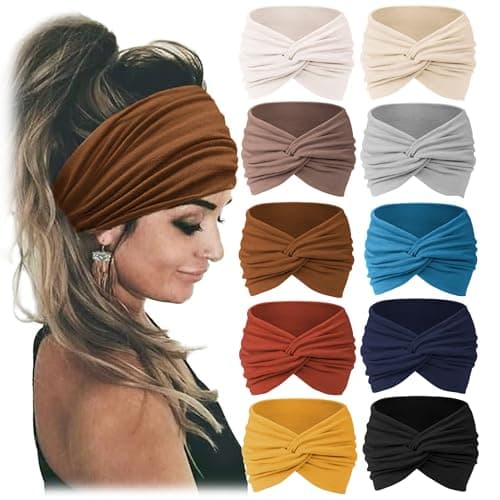 Jesries 10 PCS Women Headbands African Wide Hair Wrap Extra Turban Head Bands for Lady Large Sport Workout Stretch Nonslip Big Hair Bands