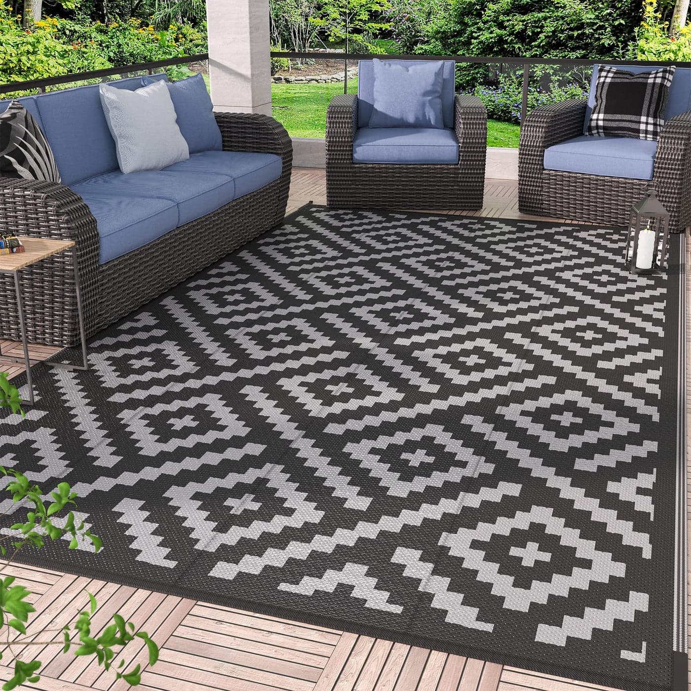 GENIMO Outdoor Rug 4x6 Waterproof Reversible Mats Outdoor Area Rug Plastic Outside Carpet Eeometric Rv Mat for Patio Camping Rv Picnic Backyard Deck Balcony Porch Beach Black Grey