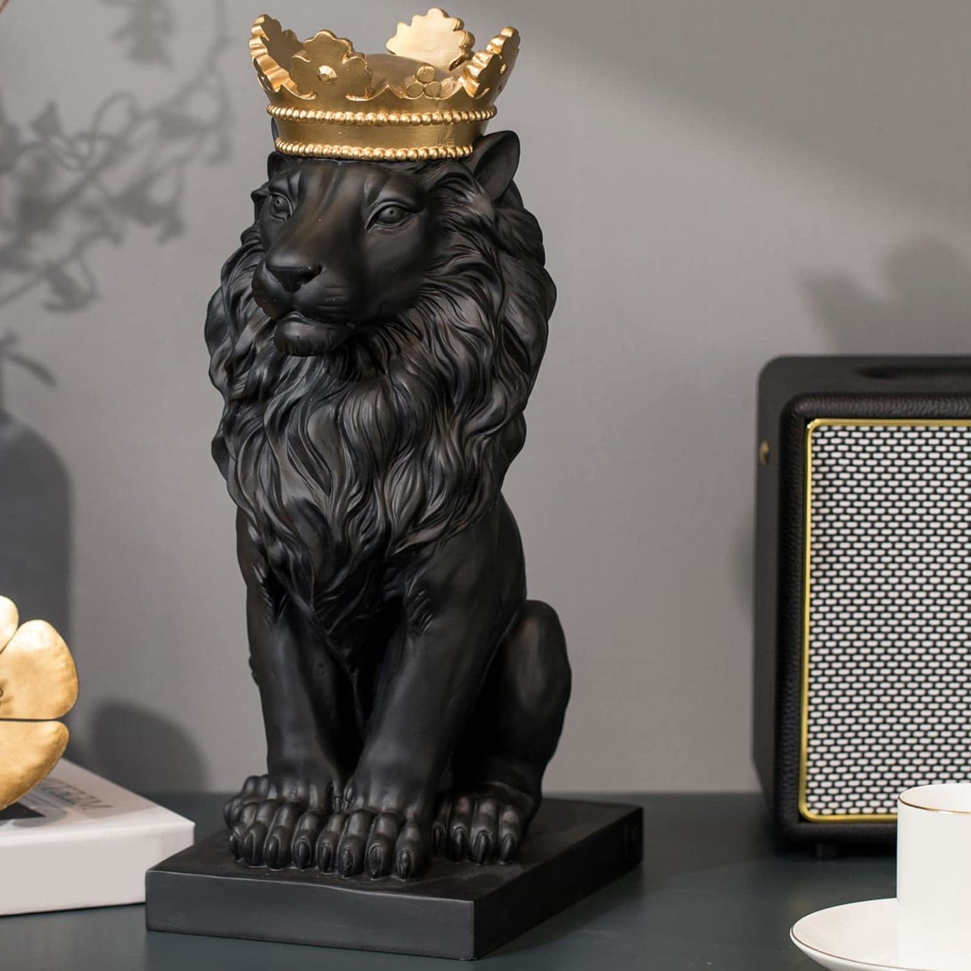 LCdecohome Lion Statue Outdoor Collectible Figurine 15 Inch Gold Crown Black Standing Lion Home Decor for Desk Home Black Decor Gift