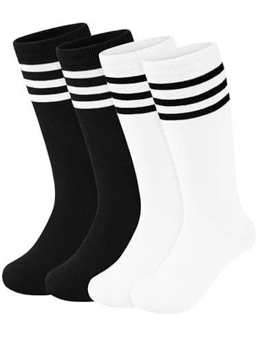 Hryrbay 2 Pairs Kids Soccer Socks Toddler Girls Knee High Socks Uniform Sock Three Stripes for Boys Girls (Black,White,6-9 Years)