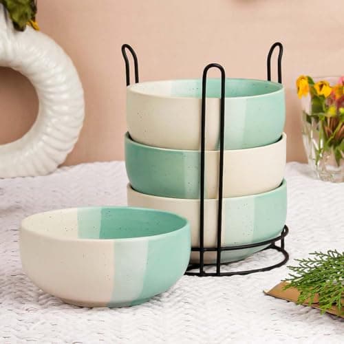 The Earth Store Tritone Green Ceramic Bowl Set with Black Metal Stand – 4 Microwave Safe Bowls (500ml Each) – Elegant Serving Set for Snacks, Soups, Salads & Desserts | Space Saver Bowl Set