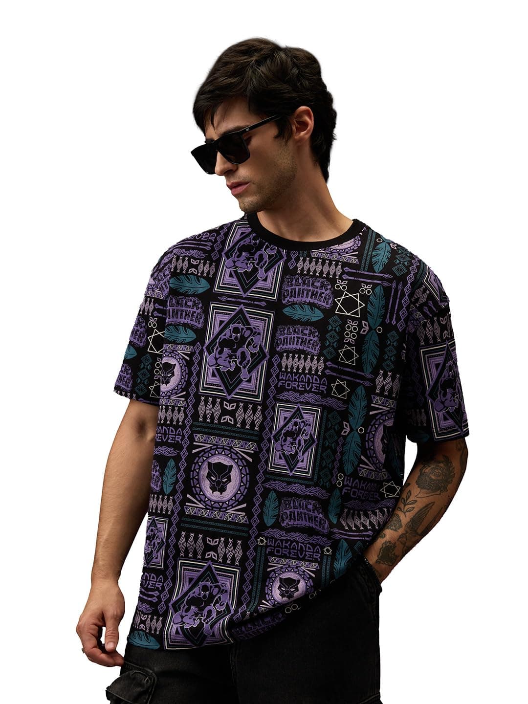 The Souled Store Official Black Panther: Wakanda Tribe Men and Boys Short Sleeves Round Neck Black All Over Printed Cotton Oversized T-Shirts