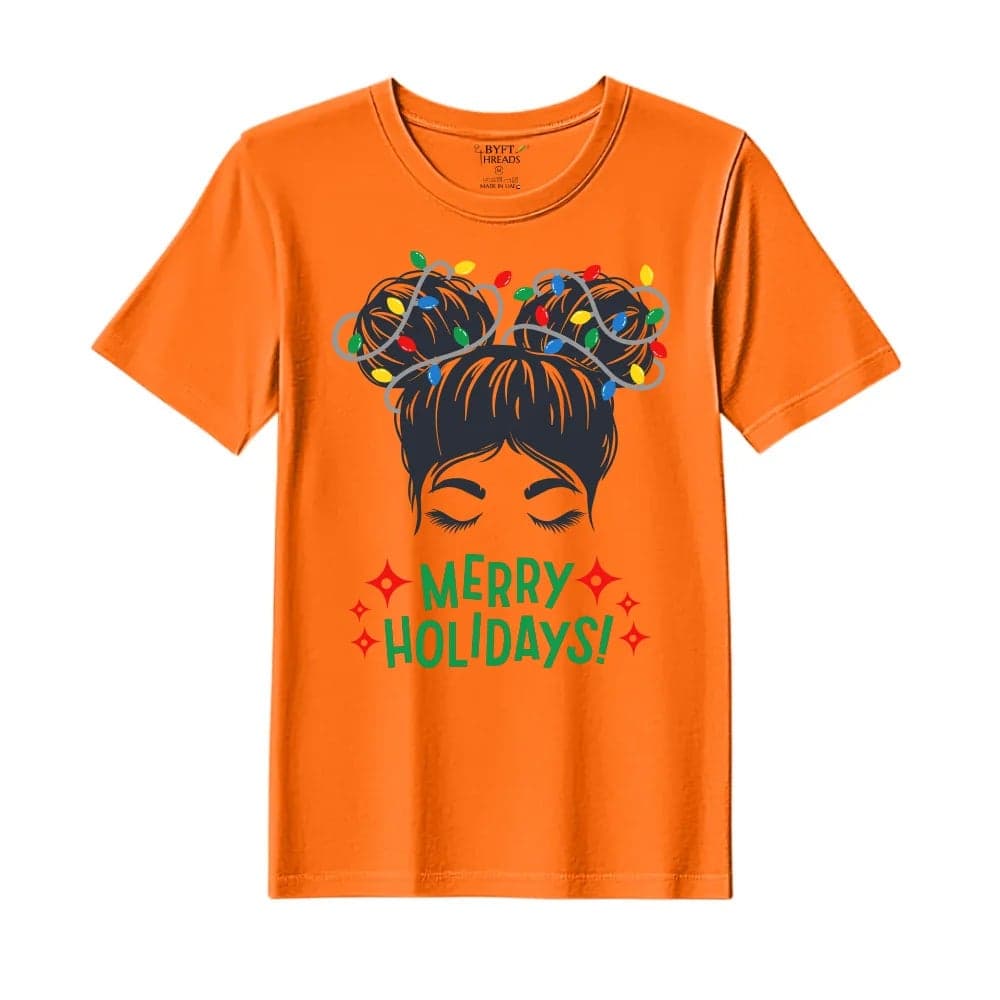 BYFT Threads Large Orange Polycotton T-Shirt - Christmas "Merry Holidays" Printed Design, Premium Holiday Collection