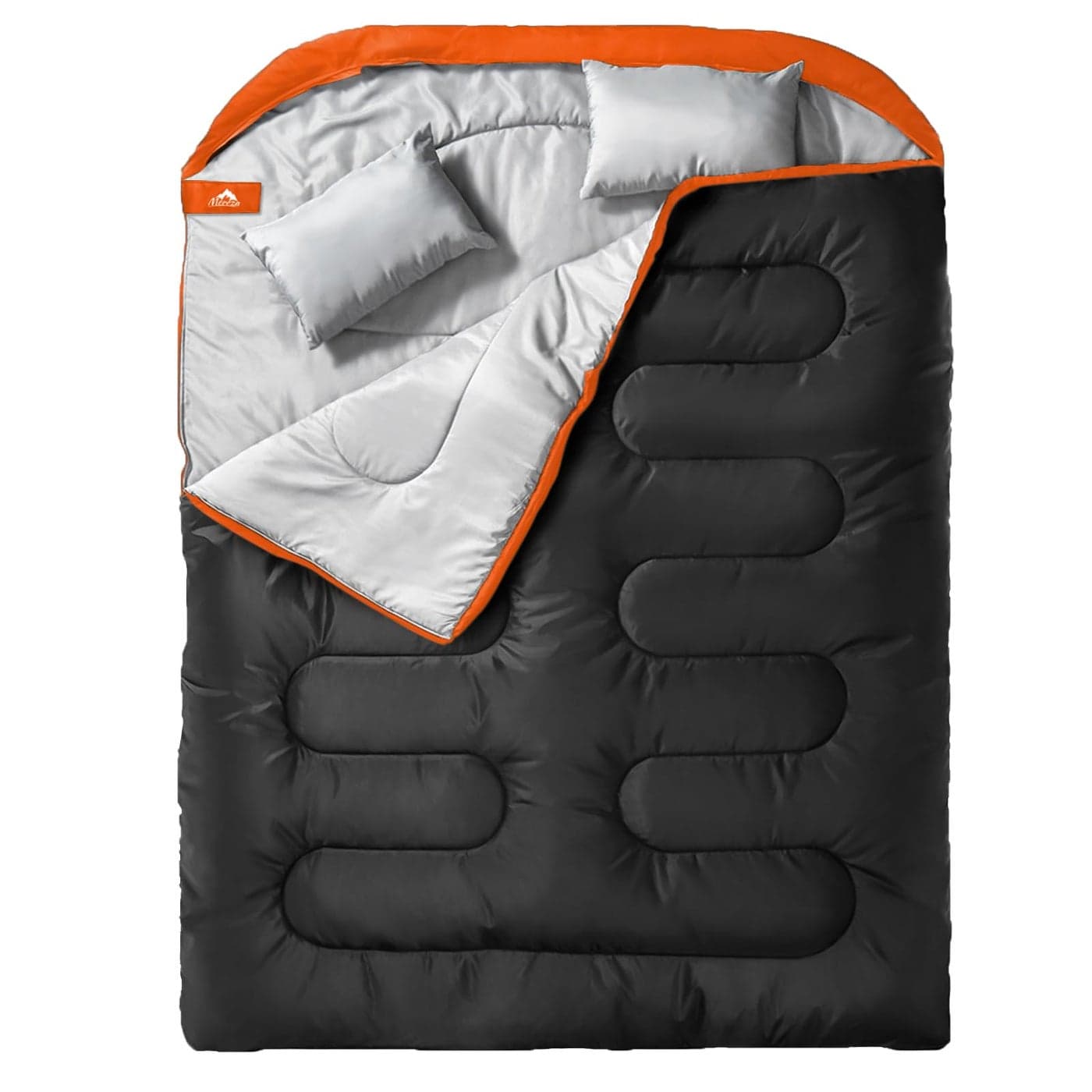 MEREZA Double Sleeping Bag for Adults Mens with Pillow XL Queen Size Two Person Sleeping Bag for All Season Camping Hiking Backpacking 2 Person Sleeping Bags for Cold Weather Warm BlackOrange