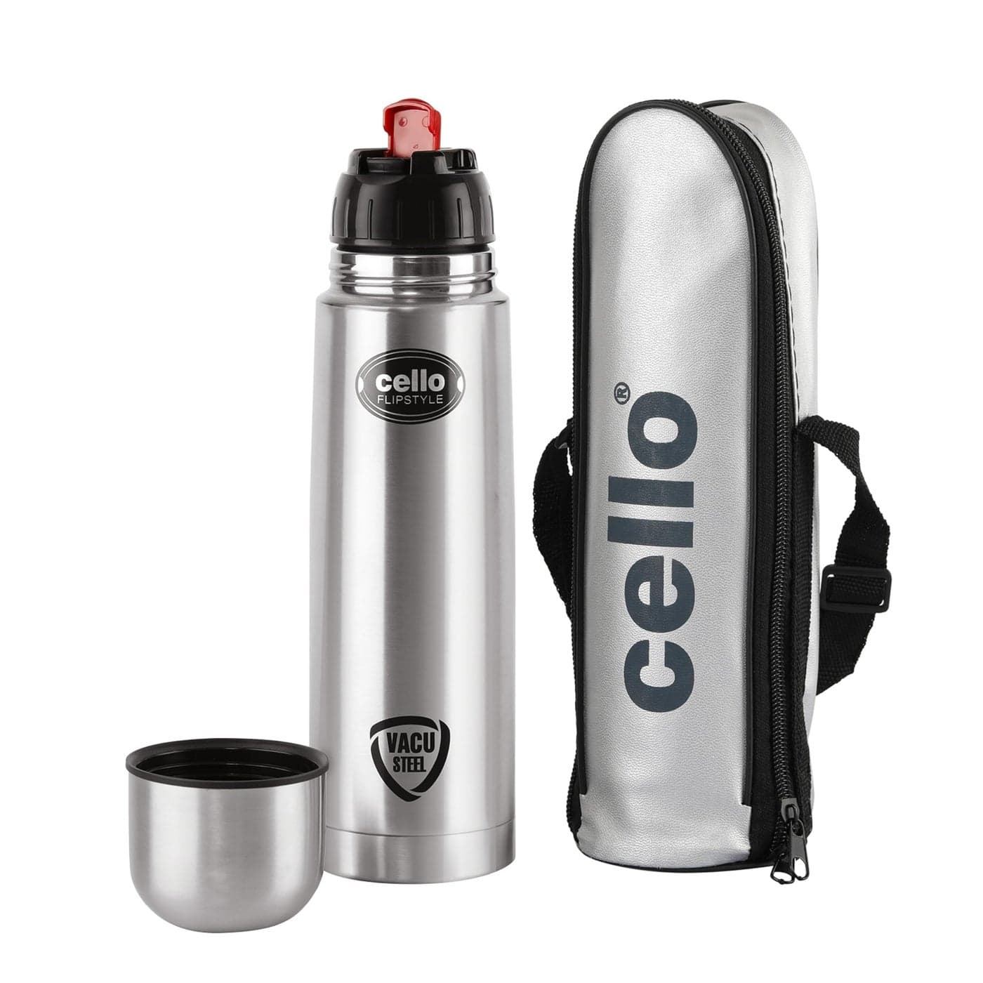 Cello Flipstyle Stainless Steel Vacuum Insulated Flask with Flip Lid Leak Proof Double Walled Silver Bottle for Home Office Travel 34oz Silver