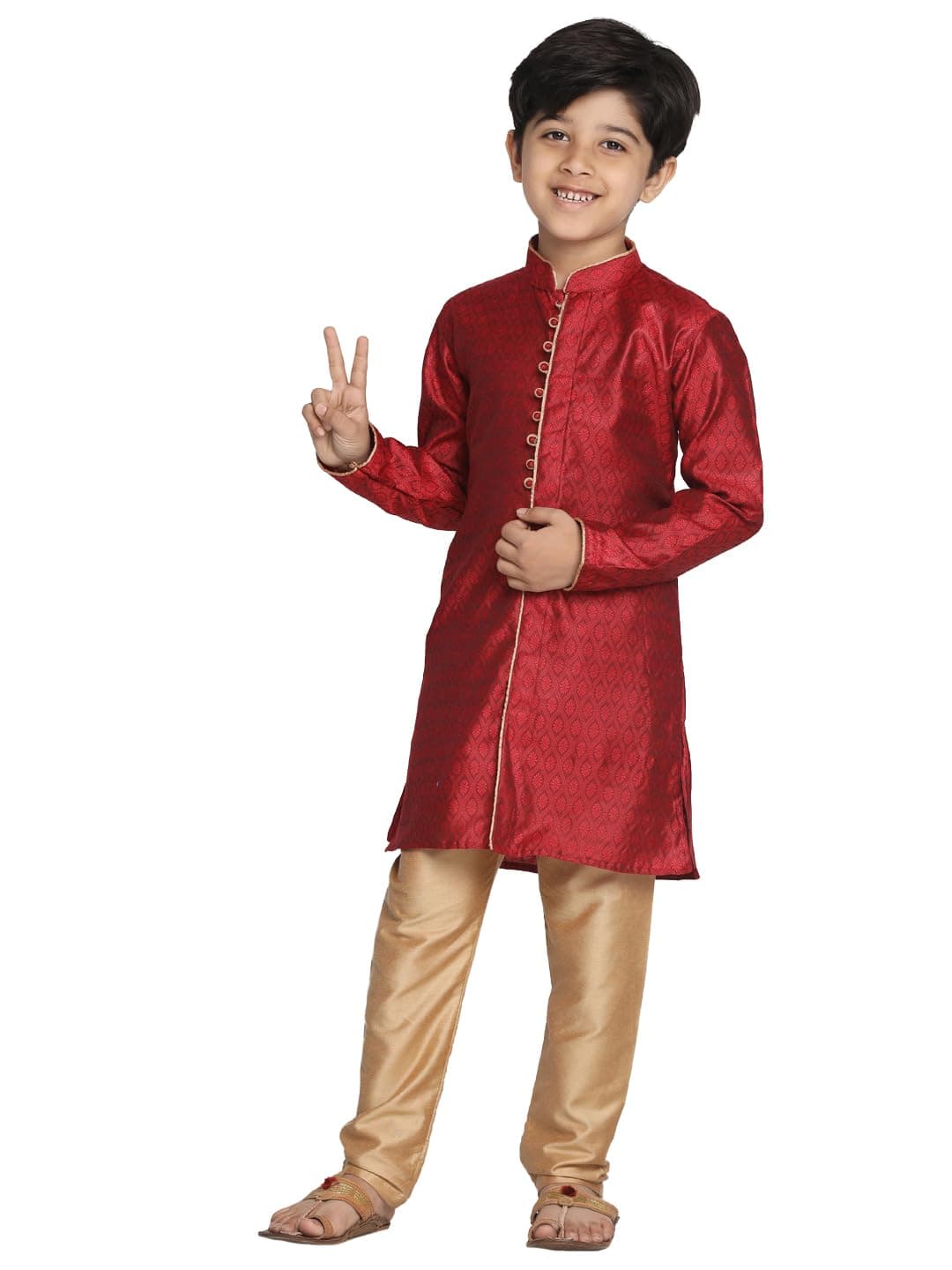 VASTRAMAY Boys' Maroon And Rose Gold Kurta Pyjama Set
