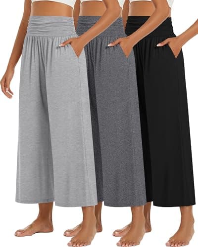Huukeay 3 Pack Wide Leg Capri Pants for Women Cropped Palazzo High Waist Lounge Yoga Pants Flowy Casual Trouser with Pockets(Black, Gray, Light Gray,M)