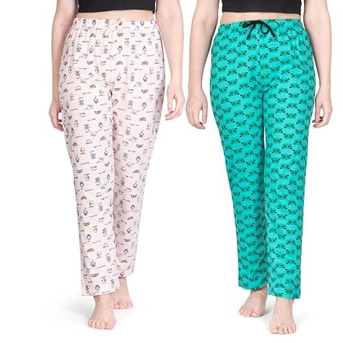 Real Basics Women's Cotton Printed Pyjama Pack of 2(RB-W-PJ-S-P2-S3(Panda+Breakfast) Multicolors)