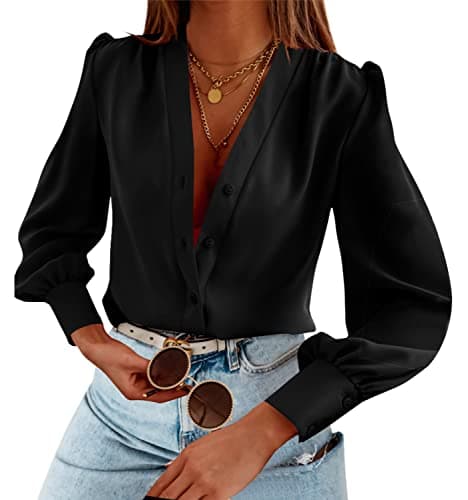 Women's Business Casual Tops Summer Long Sleeve Button Down Shirts V Neck Chiffon Blouses A-Black