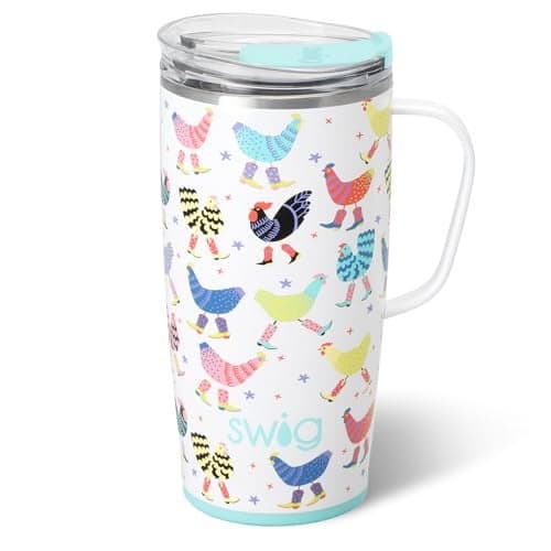 Swig Life 22oz Travel Mug Insulated Tumbler with Handle and Lid Travel Coffee Mug Cup Holder Friendly Stainless Steel 22 oz Tumbler Reusable Insulated with Lid Funky Chicken