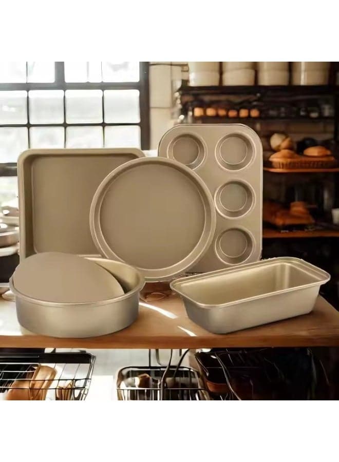 5 Pieces Of Bakeware Set, Non Stick Baking Mold Set, Carbon Steel Cake Mold Set, Kitchen Baking Tools,With Pizza Tray, Round, Square Baking Tray, Cake Mold Plate, Suitable For Novice Bakers