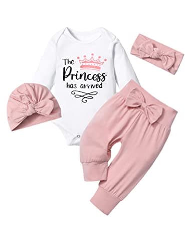 TyeSmo 6-9 Month Girl Clothes Baby Girl Clothes 6 9 Months The Princess Has Arrived White Ruffle Long Sleeve Rompers Pink Pant Sets Baby Girls Outfits 6-9 Months With Headband