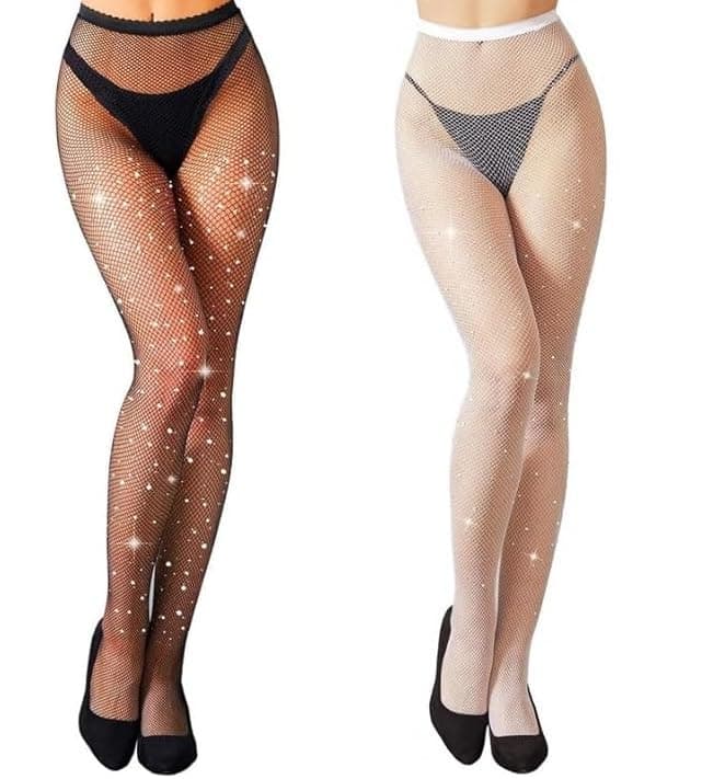 NEOBABY Sparkling Rhinestone Party Pantyhose Free Size High Waist Tights Fishnet Stockings for Women's & Girls (Black & White, Pack of 2)