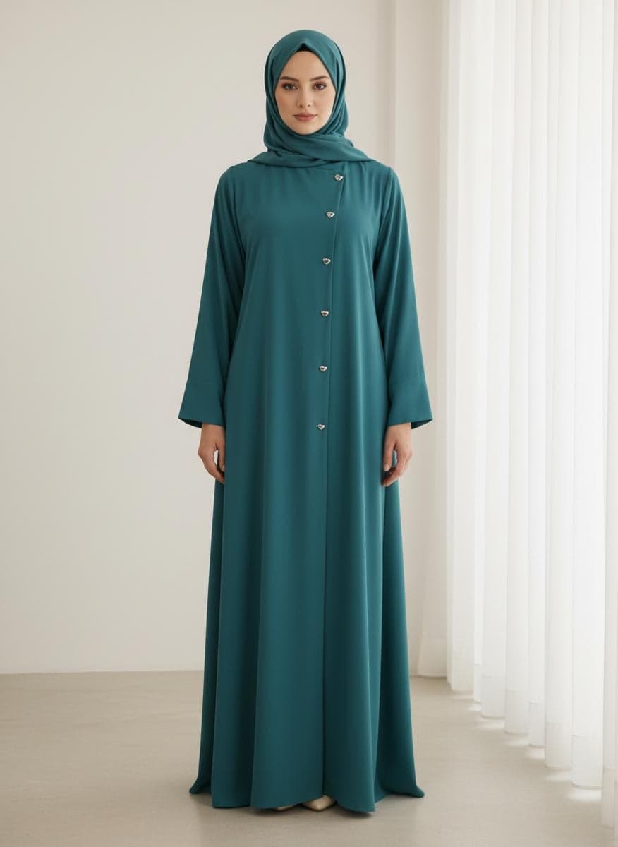 Green Korean Nida Asymmetrical Button Design Abaya with Matching Chiffon Headscarf