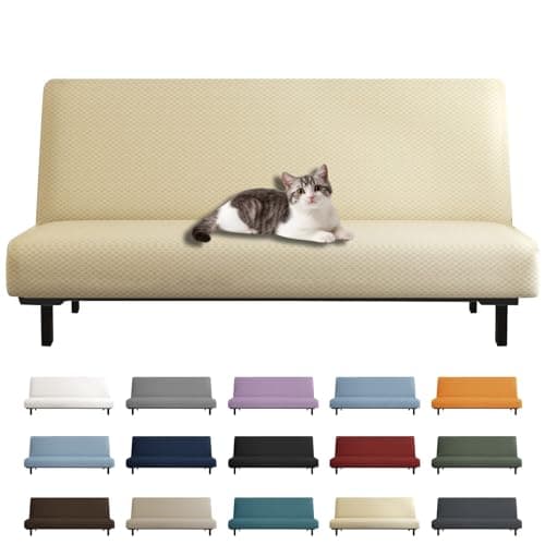 YEMYHOM Futon Cover Latest Jacquard Design High Stretch Armless Sofa Bed Slipcover Anti-Slip Furniture Protector with Elastic Bottom (Futon, Beige)