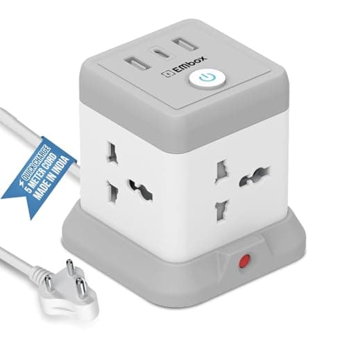 EMBOX Cube Extension Board 5 Meter Cable (QC 3.0)| 2500W Heavy Duty Extension Board with USB Type C Universal Sockets & Master Switch |Compact Extension Cord Safety Shutter & Overload Protector