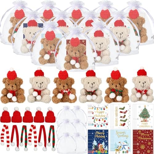 Poen 24 Set Christmas Gift 4 Inch Mini Christmas Stuffed Plush Bear with Santa Hat Scarf Cards Organza Bags Xmas Small Bear Toy Set for Holiday Party FavorCute Style