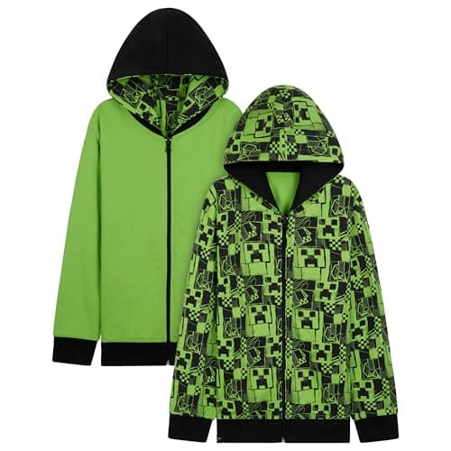Minecraft Boys Hoodies - Reversible Hooded Sweatshirt for Kids Teenagers 5-14 Years Warm Zip up Hoodie Gamers Gifts (Green, 9-10 Years)