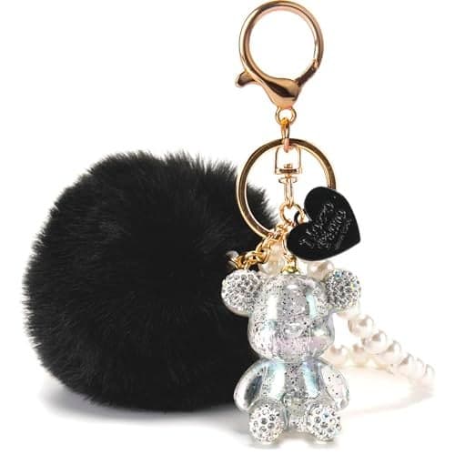 YOU WIZV Teddy Bear Keychain, Cute Bling Keychains for Women and Puff Ball key chains for Car Keys, Backpack, Purse Accessories, Aesthetic Black Pom Pom Keychain