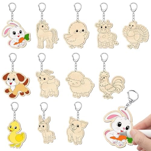 Trnayi 36 Pcs Farm Animal Unfinished Wooden Keychains Color Your Own Unfinished Cow Horse Pig Turkey Chicken Rabbit Wooden Crafts Blank Wood Painting DIY Crafts for Home Activities Arts Project Decor