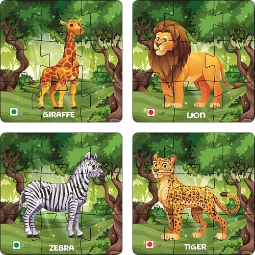 Nizomi Jungle Animals 4 Pc Combo Wooden Cartoon Educational Jigsaw Puzzle for Kids, Learning Toy, Floor Puzzle, Improves Memory, Cognitive Skills Fun Play for Boys Girls Gift for 2+ Years