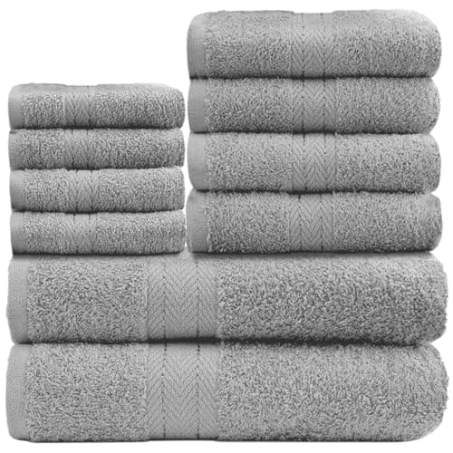 GC GAVENO CAVAILIA 10 Piece Towel Bale Set Quick Drying Cotton Towel Highly Absorbent 450 GSM Silver Towels Set Bathroom Towels Bale Set 4x Face 4x Hand 2x Bath Towels