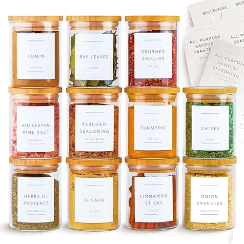 TIENER 220 ML Glass Storage Containers with Spice masala lable set,220 ML SET OF 12 Lids Jars with Lids, Clear Food Jar, Round Canister, Pantry Organizers and Storage (12, ROUND 220ML)