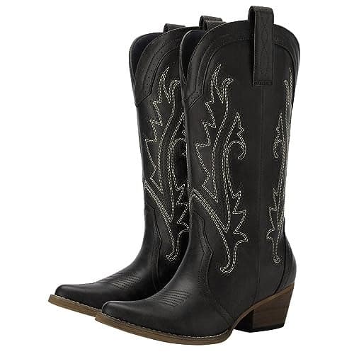 HISEA Rollda Cowboy Boots for Women, Cowgirl Boots, Comfortable Western Boots with Pointed Toe Stitched Embroidery for Country Concert Dancing Wedding Traveling Daily Outfits