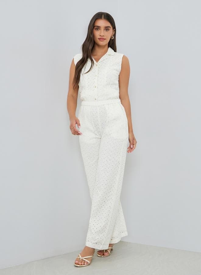 Women Schiffli Wide Leg Cotton Pants