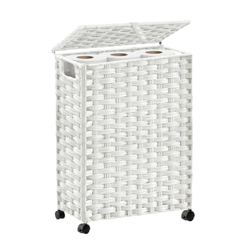 Hiagnete Toilet Paper Storage Basket with Lid and Wheels Rattan Toilet Paper Holder Storage Toilet Paper Organizer for Bathroom Bedroom Kitchen 126L x 71W x 1714H White
