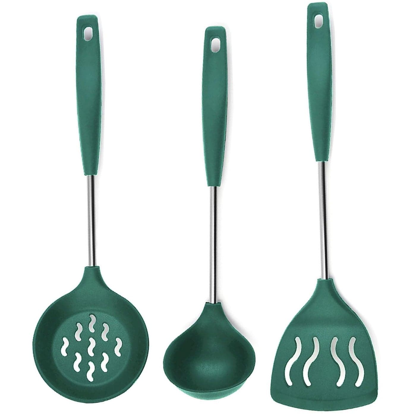 FS COOL Ladles for Cooking Kadchi Stainless Steel Karandi for Cooking Skimmer Spoon for Frying Fry Strainer Poori Strainer Silicone Slotted Turner Kitchen Spatula Set Set of 3 Green