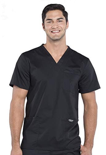 Cherokee Scrub top for Men V-Neck with 3 Pockets, Knit Details, Soft, Durable, Breathable, 2-Way Stretch Fabric - WW670, L, Black