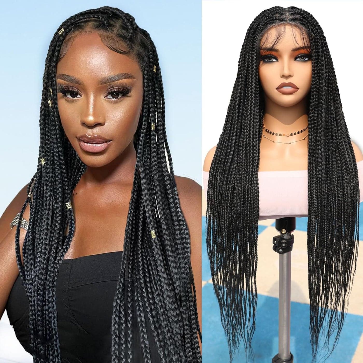 FAVE HD Full Lace Braid Wig Glueless Braided Wigs for Black Women Synthetic Wigs for Black Women Knotless Braided Wig with Baby Hair for Daily Use30 inches1B