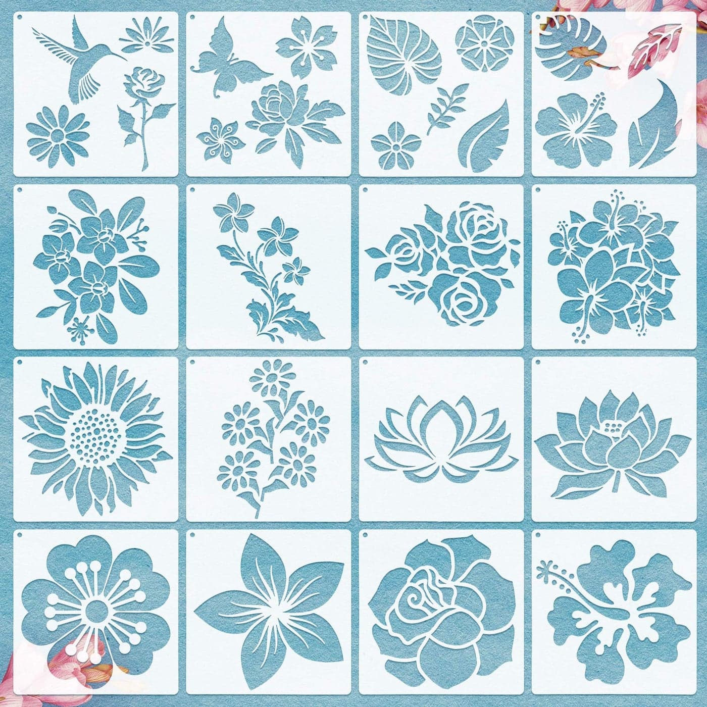 Zonon 17 Pieces Flower Stencil Kit for Painting on Wood Large Flower Stencils Template DIY Sunflower Butterfly Bird Rose Leaf Reusable Drawing Template for Painting Wood Wall Decor51 x 51 Inch