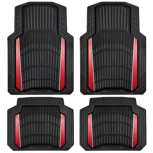 CAR PASS Heavy Duty Rubber Car Floor Mats Deep Waterproof Car Floor Mats All Weather Aluminum Film Floor Mats for Cars NonSlip Universal Trim to Fit for SUVs Trucks Sedans Vans Black Red Metallic